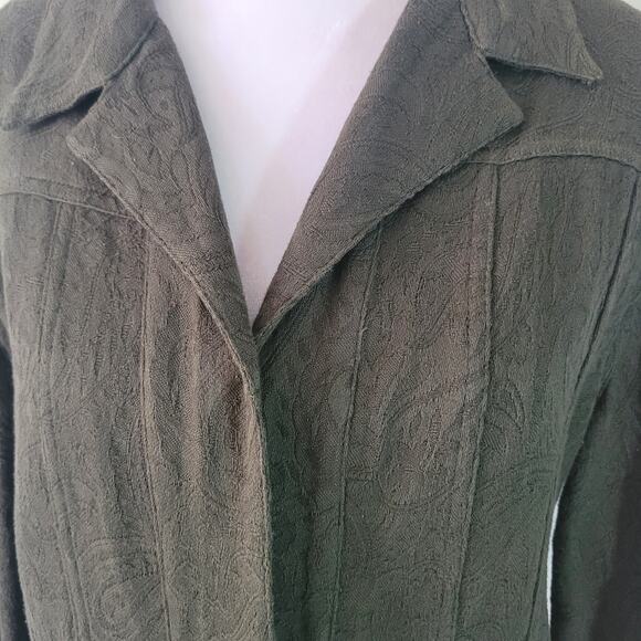 Chico's Size 1 US M Scroll Embossed Pattern Open Front Blazer Jacket Olive Green - Picture 10 of 10